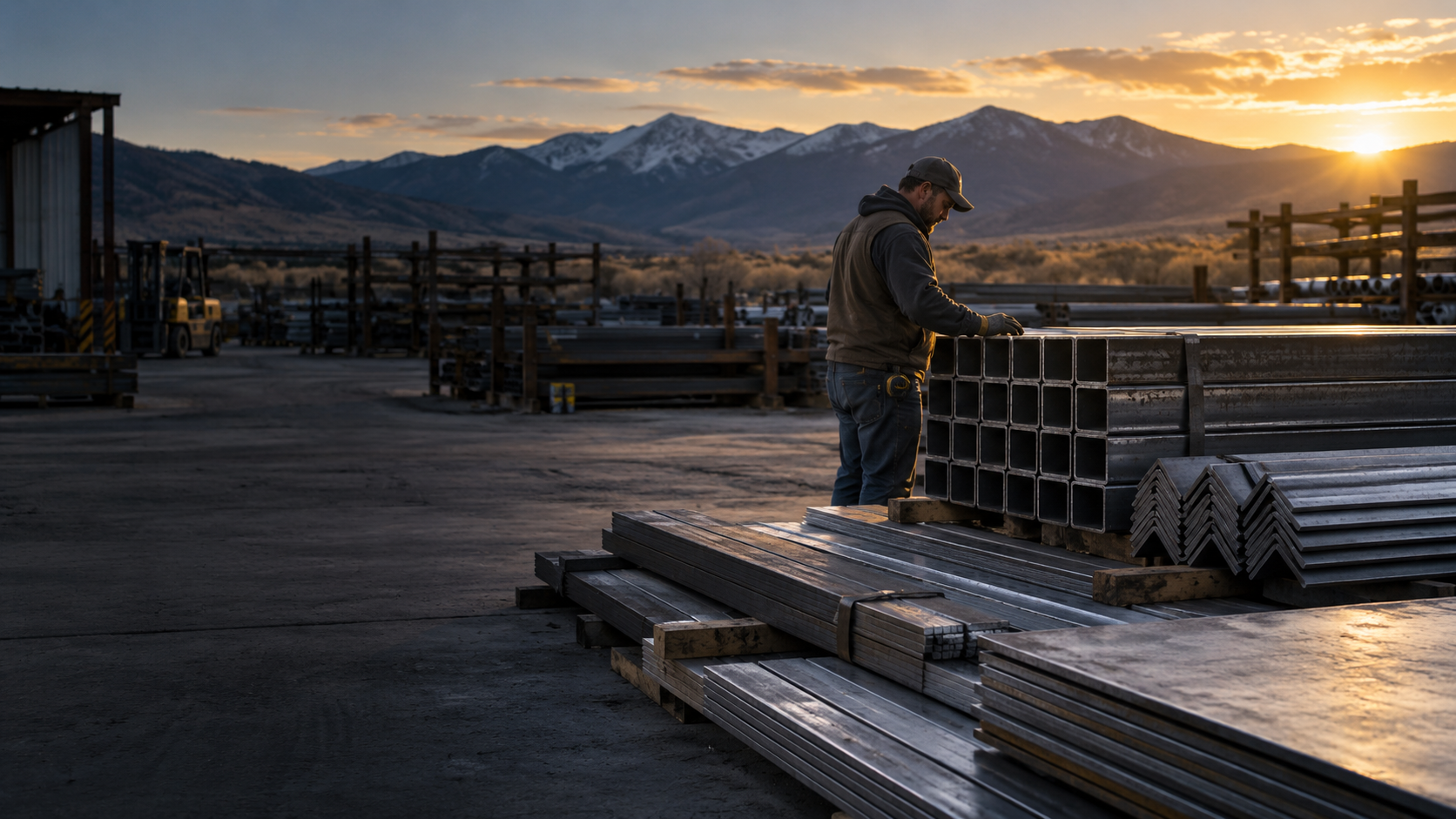Steel tubing and plate at a Northern Colorado metal yard at sunrise